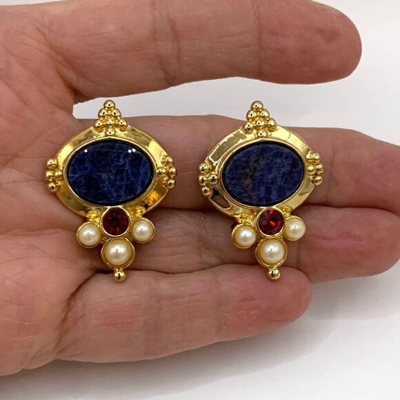 Alex Nicole For 1928 Pearl Lapis Gold Tone Red Necklace Clip On Earrings Set Vtg - Picture 4 of 10